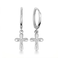 .925 Sterling Silver Cross Crucifix Jesus Christ Milgrain Drop Huggie Hoop Earrings