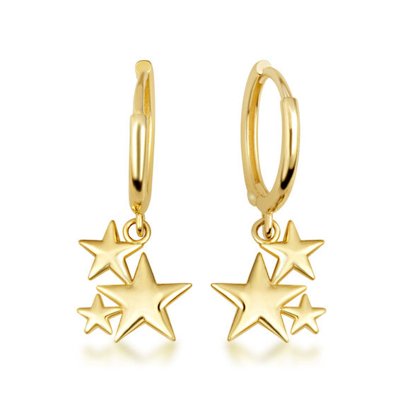 Yellow Gold Star Cluster Drop Huggie Hoop Earrings