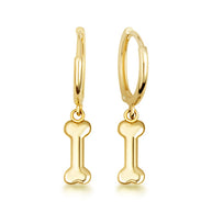 Yellow Gold Dog Bone Drop Huggie Hoop Earrings