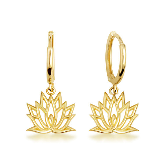 Yellow Gold Lotus Bloom Flower Drop Huggie Hoop Earrings