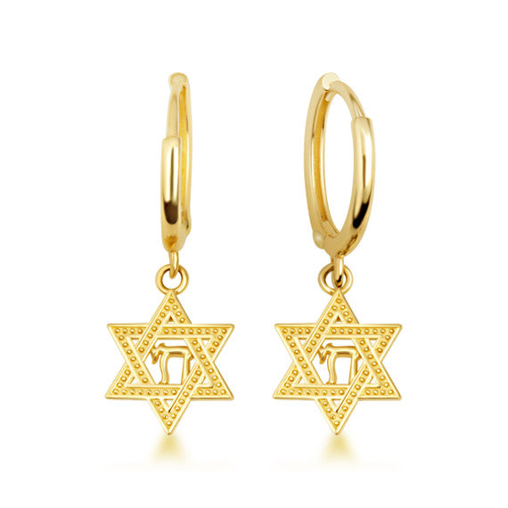 Yellow Gold Jewish Chai Star Of David Drop Huggie Hoop Earrings