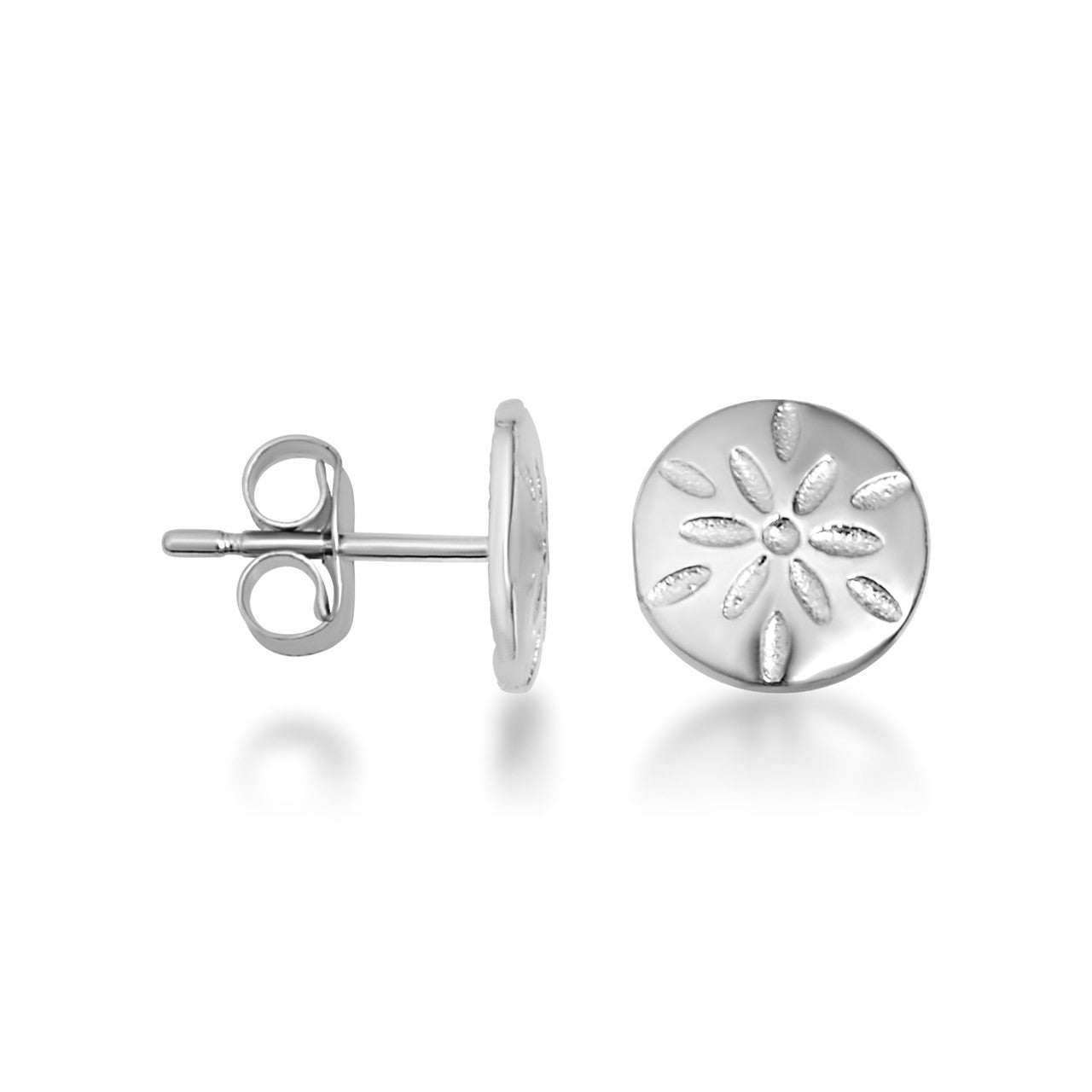 .925 Sterling Silver Flower Textured Diamond Cut Round Stud Earrings