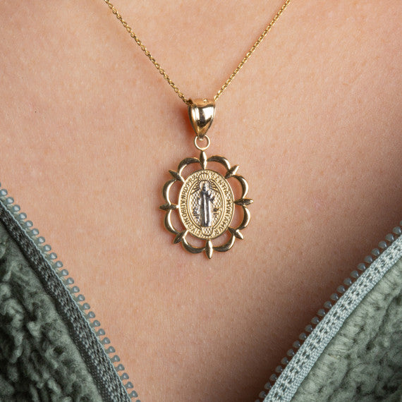Two-Tone Gold Reversible Patron Saint Benedict Oval Medallion Pendant Necklace