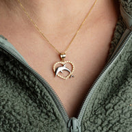 Two-Tone Gold Beaded Heart Dolphin Pendant Necklace
