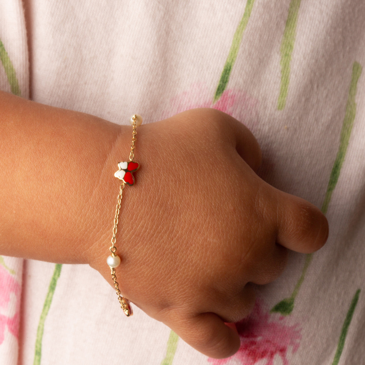 14K Yellow Gold Enamel Butterfly Pearl Charm Baby Bracelet