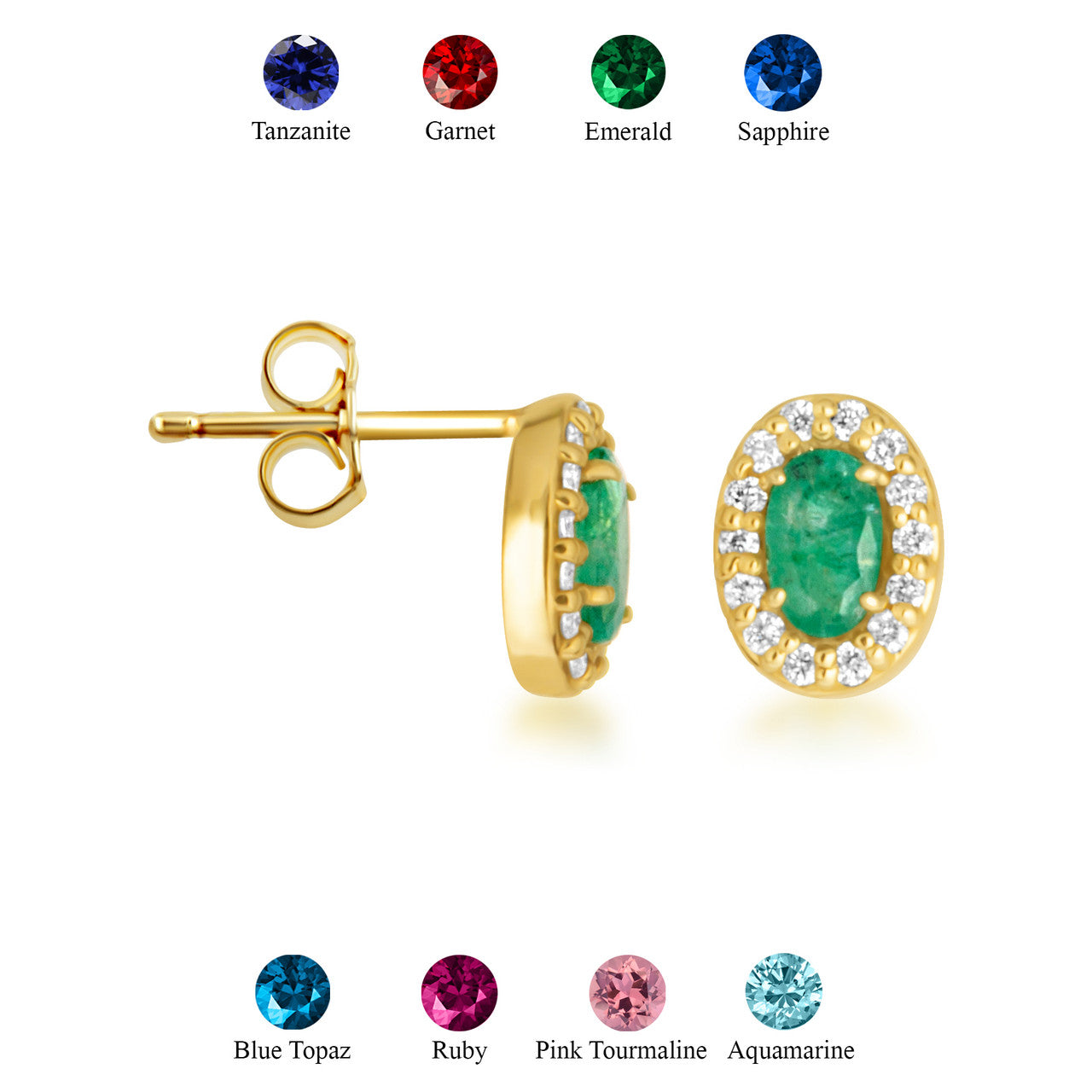 Gold Personalized Genuine Gemstone Halo Stud Earrings (Available in Yellow/Rose/White Gold)
