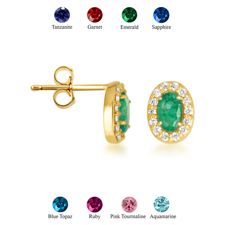 Gold Personalized Genuine Gemstone Halo Stud Earrings (Available in Yellow/Rose/White Gold)