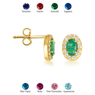 Gold Personalized Genuine Gemstone Halo Stud Earrings (Available in Yellow/Rose/White Gold)