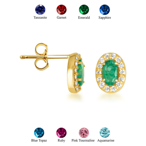 Gold Personalized Genuine Gemstone Halo Stud Earrings (Available in Yellow/Rose/White Gold)