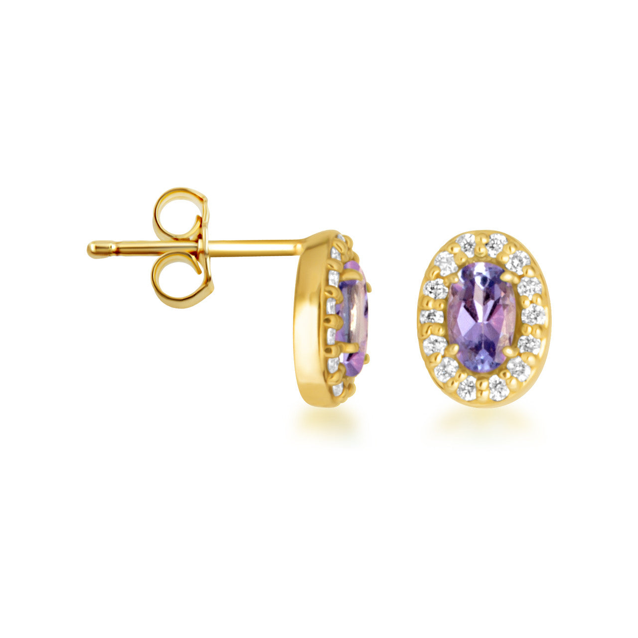 Gold Personalized Genuine Gemstone Halo Stud Earrings (Available in Yellow/Rose/White Gold)