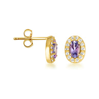 Gold Personalized Genuine Gemstone Halo Stud Earrings (Available in Yellow/Rose/White Gold)