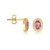 Gold Personalized Genuine Gemstone Halo Stud Earrings (Available in Yellow/Rose/White Gold)