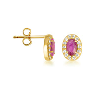 Gold Personalized Genuine Gemstone Halo Stud Earrings (Available in Yellow/Rose/White Gold)