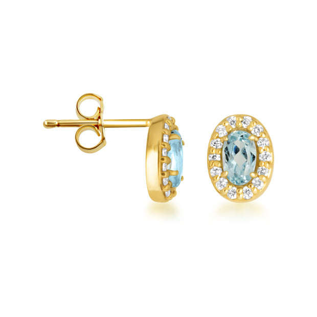 Gold Personalized Genuine Gemstone Halo Stud Earrings (Available in Yellow/Rose/White Gold)