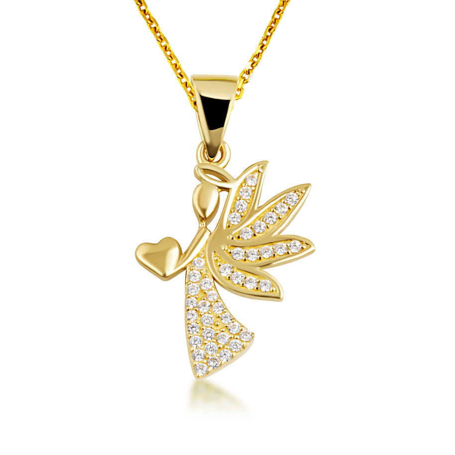 Gold Studded Guardian Angel Heart Pendant Necklace (Available in Yellow/Rose/White Gold)
