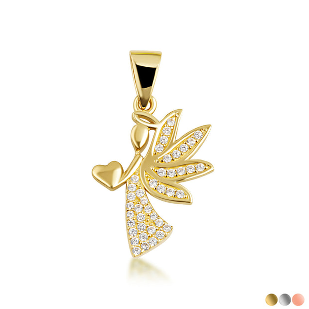 Gold Studded Guardian Angel Heart Pendant Necklace (Available in Yellow/Rose/White Gold)