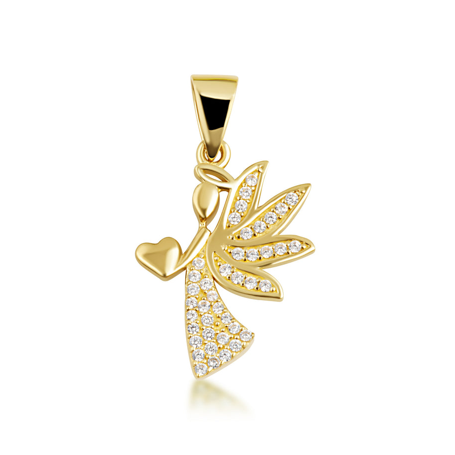 Gold Studded Guardian Angel Heart Pendant Necklace (Available in Yellow/Rose/White Gold)