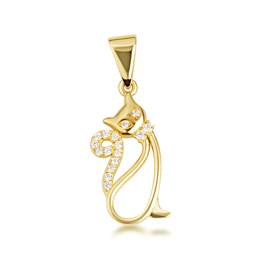Gold Cat Silhouette Studded Pendant Necklace (Available in Yellow/Rose/White Gold)
