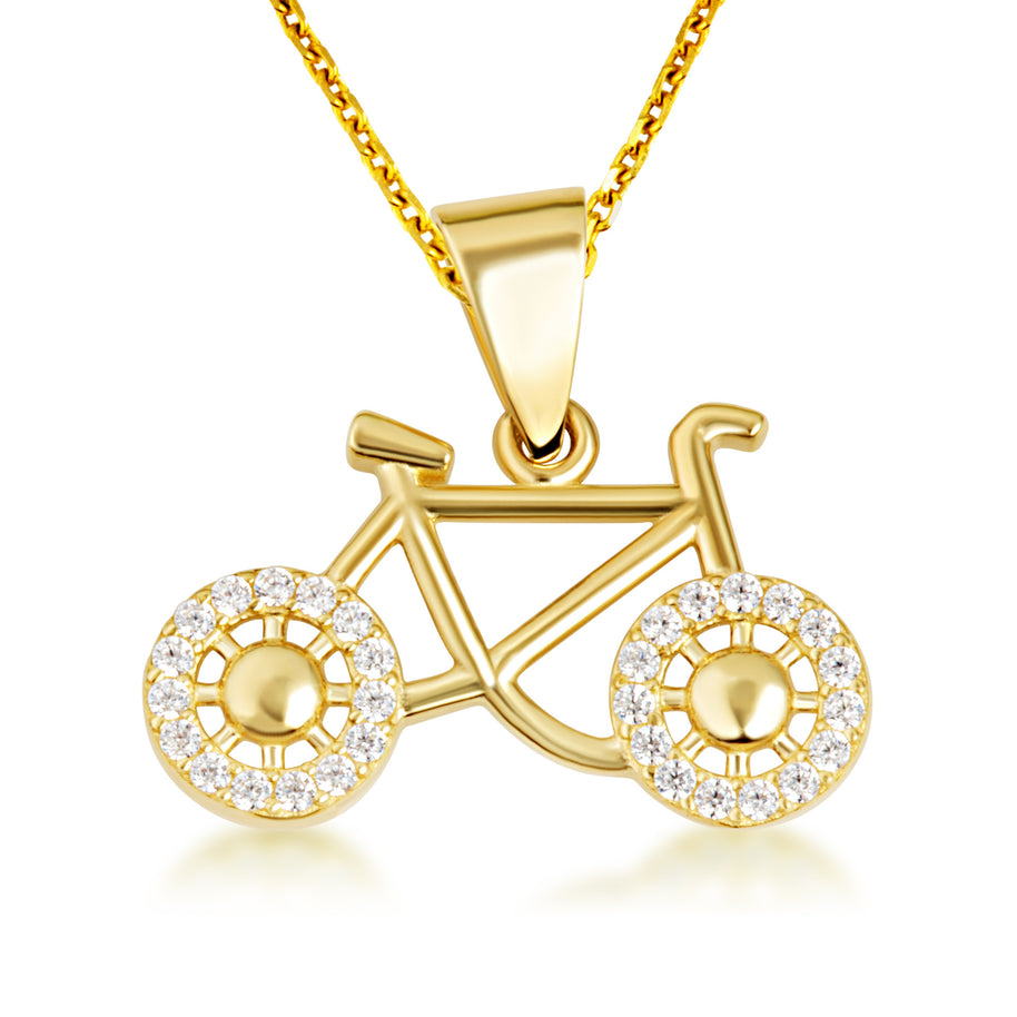 Gold Bicycle Sports Studded Cycling Pendant Necklace (Available in Yellow/Rose/White Gold)