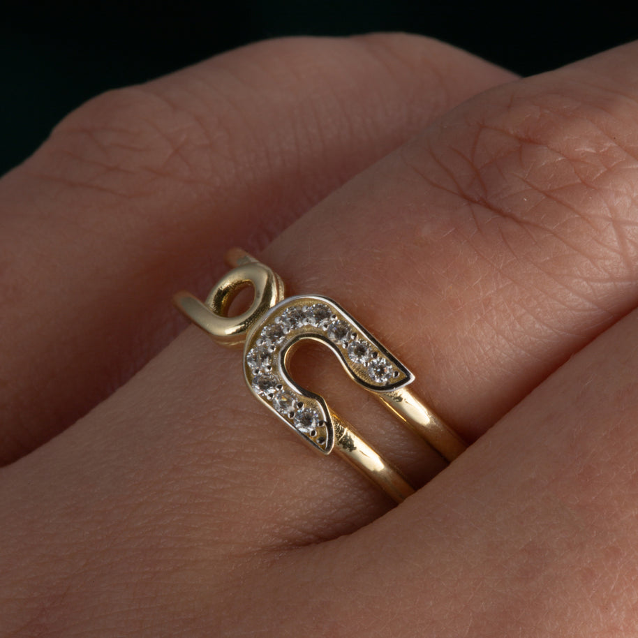 14K Two-Tone Gold Cubic Zirconia Safety Pin Band Ring