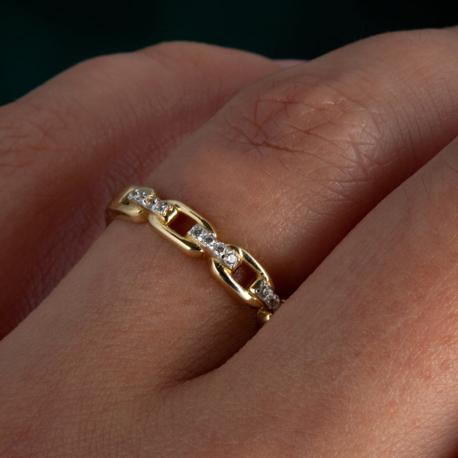 14K Yellow Gold Cubic Zirconia Chain Link Band Ring