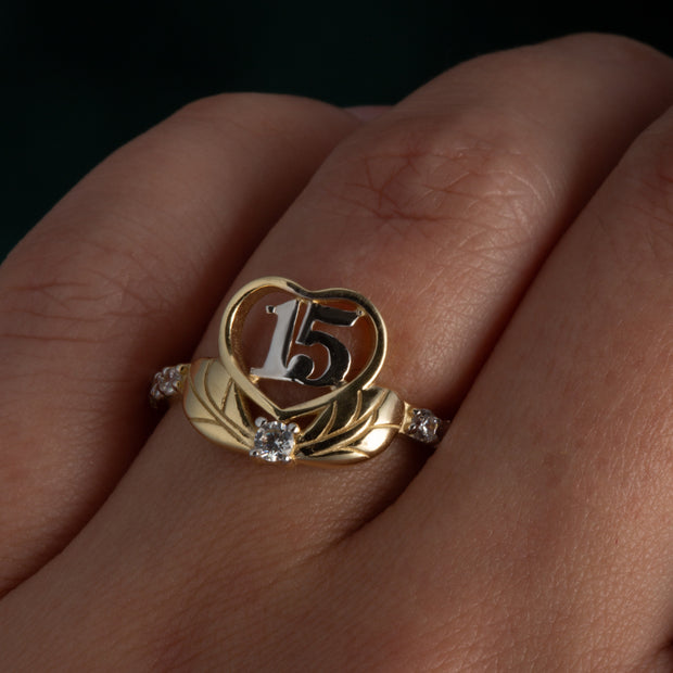 14K Two-Tone Gold Cubic Zirconia 15 Años Heart Quinceañera Ring