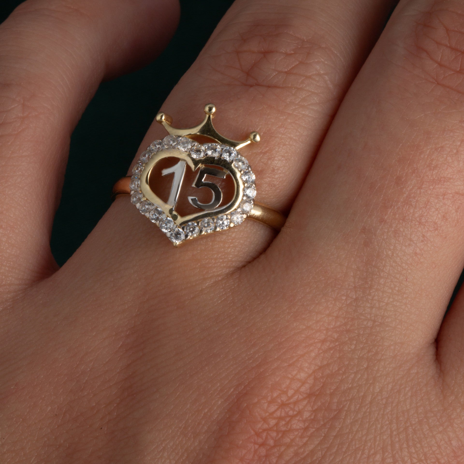 14K Two-Tone Gold Cubic Zirconia 15 Años Heart Crown Quinceañera Ring