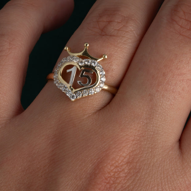 14K Two-Tone Gold Cubic Zirconia 15 Años Heart Crown Quinceañera Ring