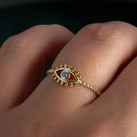 14K Two-Tone Gold Cubic Zirconia Evil Eye Bead Band Ring