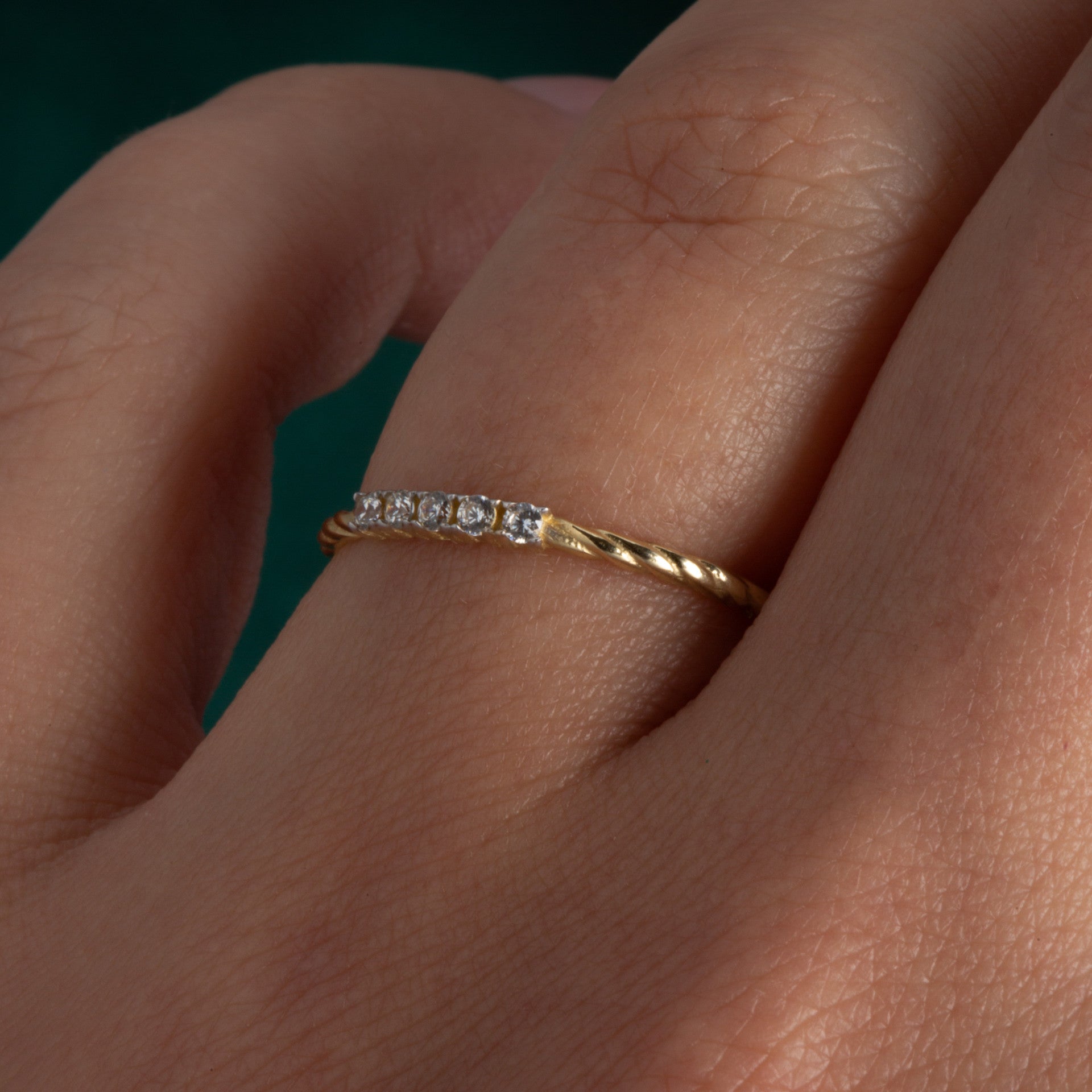 14K Yellow Gold Pave Set Cubic Zirconia Rope Twist Band Ring