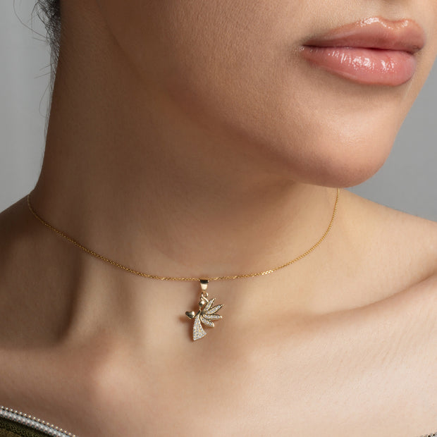 Gold Studded Guardian Angel Heart Pendant Necklace (Available in Yellow/Rose/White Gold)