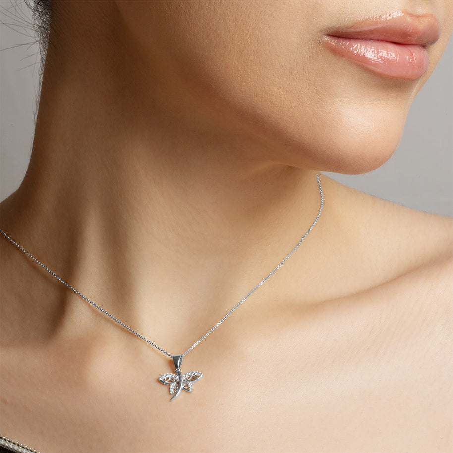 .925 Sterling Silver Dragonfly Studded Nature Pendant Necklace