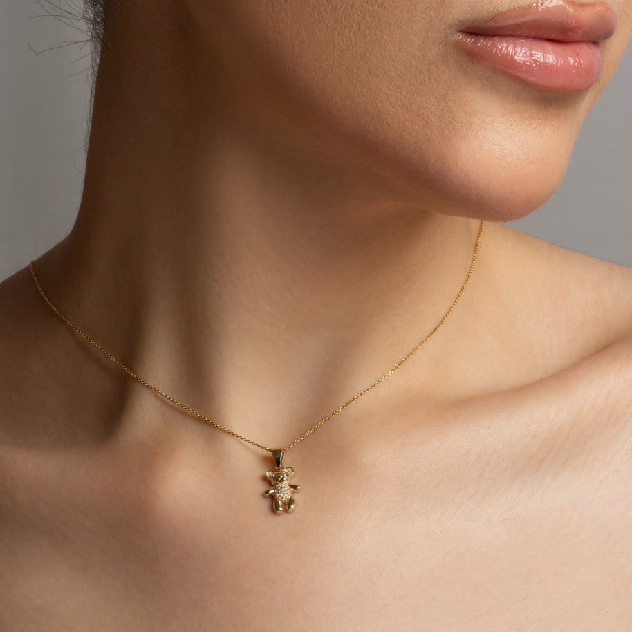Gold Teddy Bear Studded Toy Pendant Necklace (Available in Yellow/Rose/White Gold)