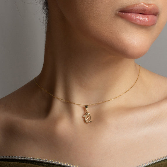 Gold Cat Silhouette Studded Pendant Necklace (Available in Yellow/Rose/White Gold)