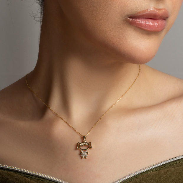 Gold Girl Silhouette Studded Pendant Necklace (Available in Yellow/Rose/White Gold)