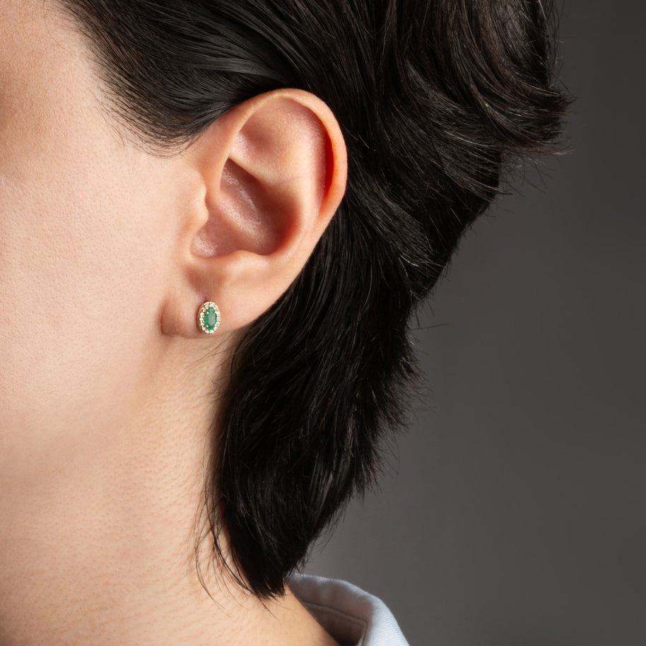 Gold Personalized Genuine Gemstone Halo Stud Earrings (Available in Yellow/Rose/White Gold)