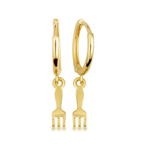 Yellow Gold Fork Food Drop Huggie Hoop Earrings