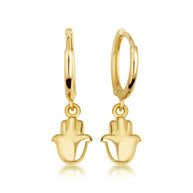 Yellow Gold Hamsa Hand Of Protection Drop Huggie Hoop Earrings