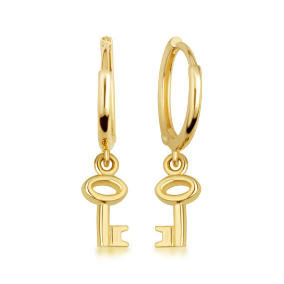 Yellow Gold Key Charm Drop Huggie Hoop Earrings