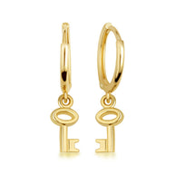 Yellow Gold Key Charm Drop Huggie Hoop Earrings
