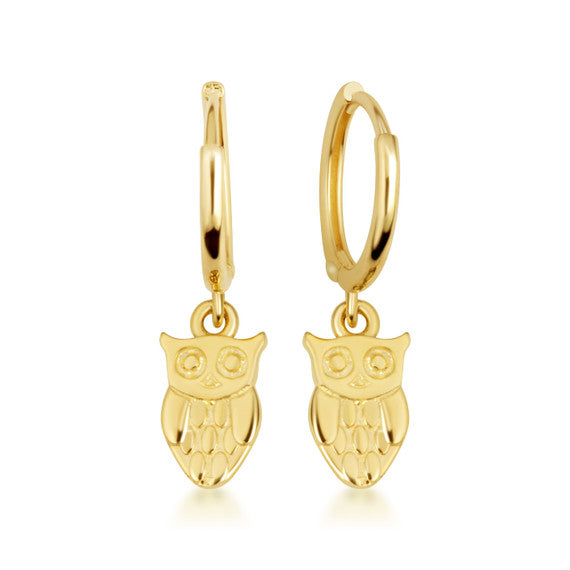 Yellow Gold Owl Drop Huggie Hoop Earrings
