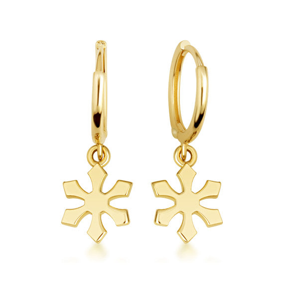 Yellow Gold Winter Snowflake Drop Huggie Hoop Earrings