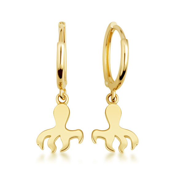 Yellow Gold Marine Octopus Ocean Drop Huggie Hoop Earrings