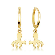 Yellow Gold Marine Octopus Ocean Drop Huggie Hoop Earrings