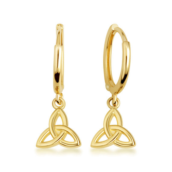 Yellow Gold Celtic Trinity Knot Irish Drop Huggie Hoop Earrings
