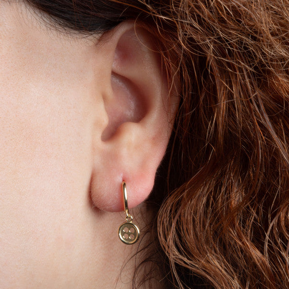 Yellow Gold Button Drop Huggie Hoop Earrings
