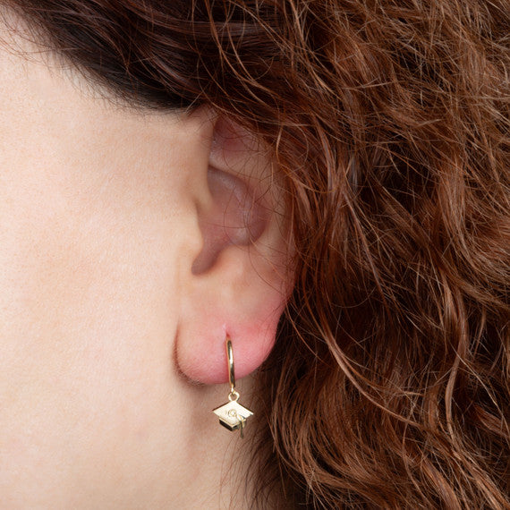 Yellow Gold Graduation Cap Drop Huggie Hoop Earrings