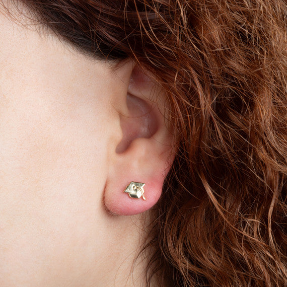 Yellow Gold Graduation Cap Stud Earrings