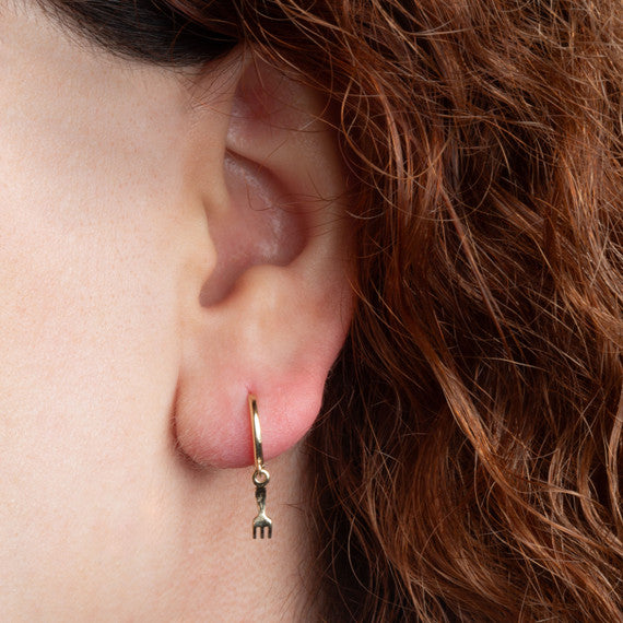 Yellow Gold Fork Food Drop Huggie Hoop Earrings