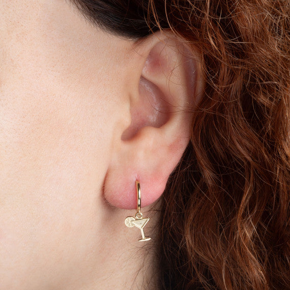 Yellow Gold Martini Lime Cocktail Drop Huggie Hoop Earrings